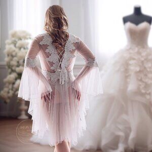 Bridal Lace Couture White Tulle Robe | Sheer Romantic Lace-Up Fairy Sleeves NWOT
